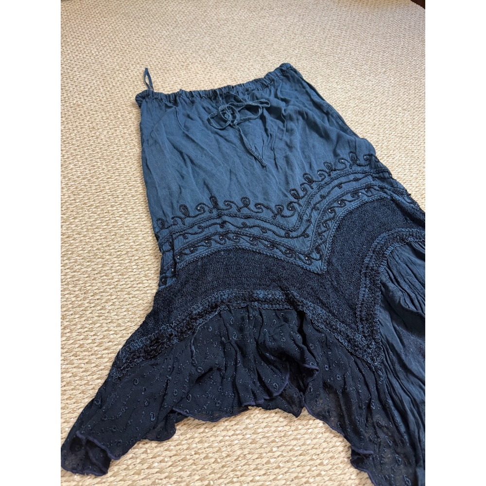 L.S.I. Navy Blue Embroidered Crochet Lace Handkerchief Hem Midi Skirt indie L